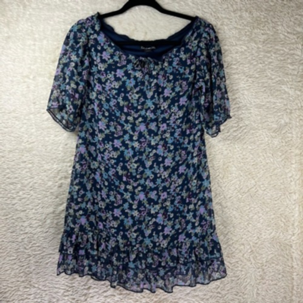 Kandy Kiss Shift Dress Women L Blue Floral Lined Scoop Ruffles Short Sleeve Boho